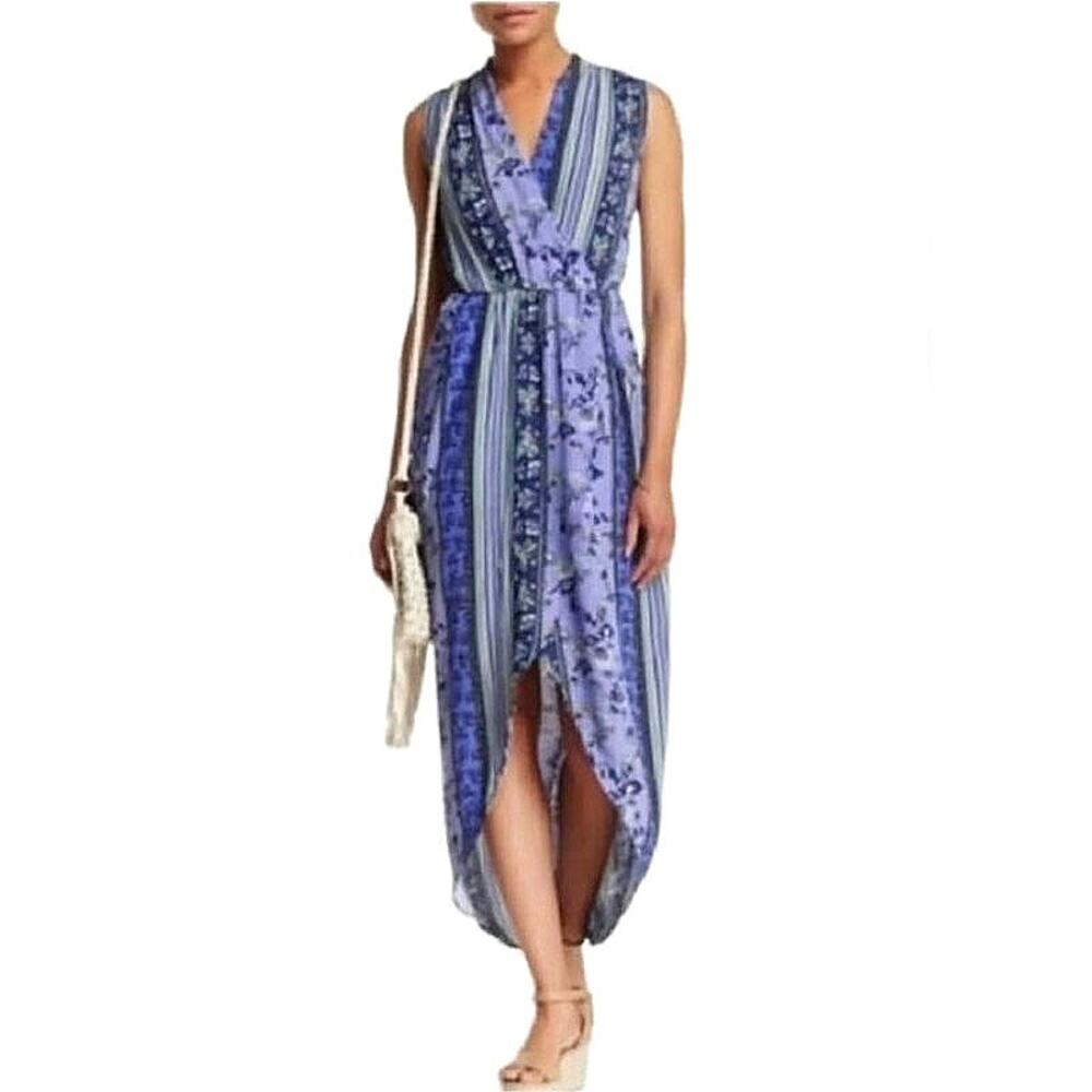 ASTR The Label Floral Patchwork Dress Blue Purple Sleeveless V Neck Boho Chic S